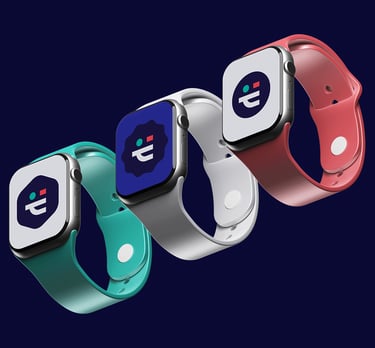 three smart watches with ponton symbols on a blue background