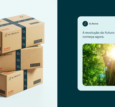 Cardboard delivery box and social media post with the SL Recicla visual identity