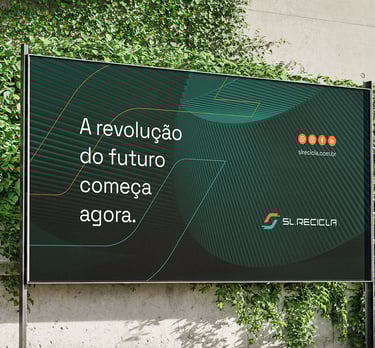 billboard with advertisement and visual identity of SL Recicla on a background with green plants