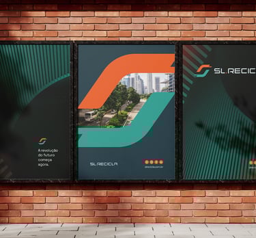 3 posters with advertisements and visual identity of SL Recicla on a brick wall