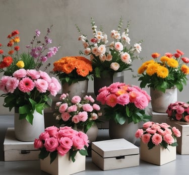Brightly colored floral arrangements featuring seasonal blooms in rustic vases, displayed on a wooden table