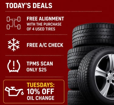 Today’s deals at Fast Tire Shop Bell Gardens including free alignment with the purchase of 4 used