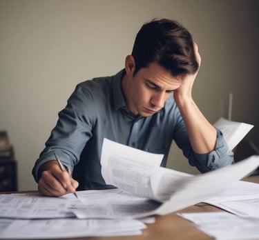 A young man that is looking over bills and is stressed out.