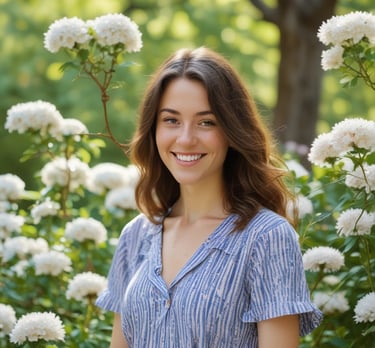 A young woman smiling in a field of flowers.