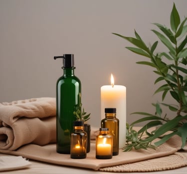 A green candle labeled 'Harmony' with scents of lavender, bergamot, and jasmine. The candle has a cork lid and rests on a stack of light blue books.