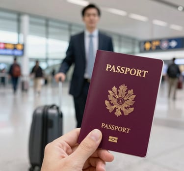 A hand is holding a passport in front of a blurred background showing a vintage-style world map with sepia tones.