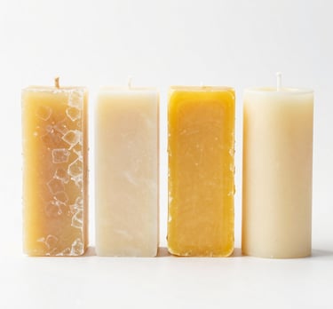 Close-up of colorful candle wax blocks arranged neatly on a wooden table.