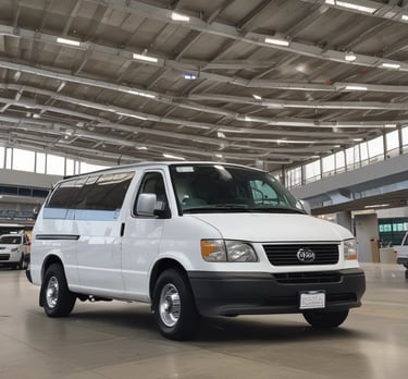 A comfortable shuttle van parked outside an Ohio airport terminal with a driver greeting a passenger.