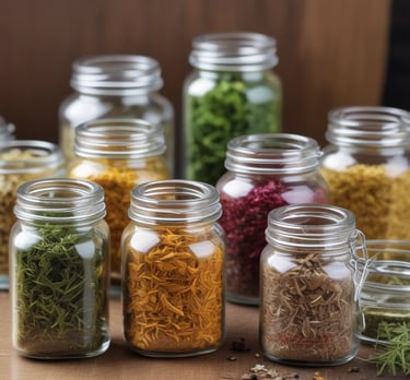 A vibrant display of herbal blends in glass jars, showcasing the variety of natural ingredients.