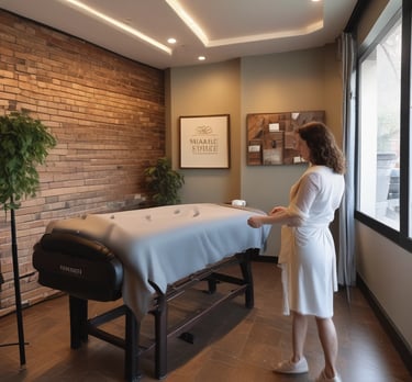 A professional massage therapist gently massaging a client's back in a quiet spa setting.