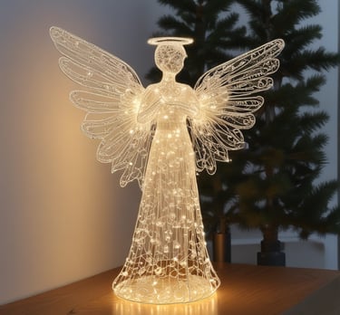 Flat LED angel figure glowing warmly on a dark background