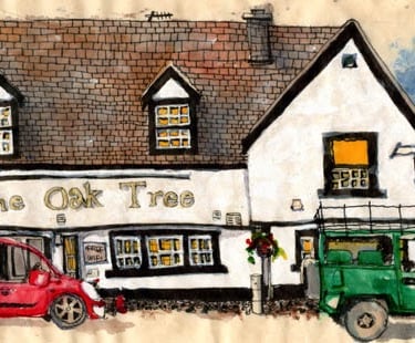 a drawing of a tractor and the oak tree pub in Sevenoaks