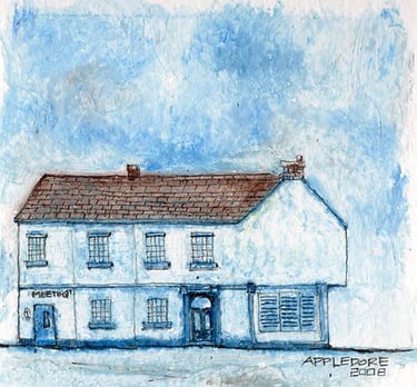 a drawing of a house with a blue sky in the background