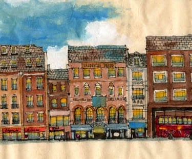 a painting of a cityscape of a city