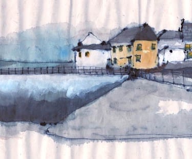 a painting of a house with a bridge over it