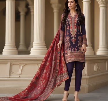 A mannequin displays a traditional South Asian saree featuring a white fabric with golden polka dots and a bold red border. The saree is adorned with intricate gold jewelry, including a necklace and a waist belt. The background appears to be a richly decorated interior with ambient lighting.