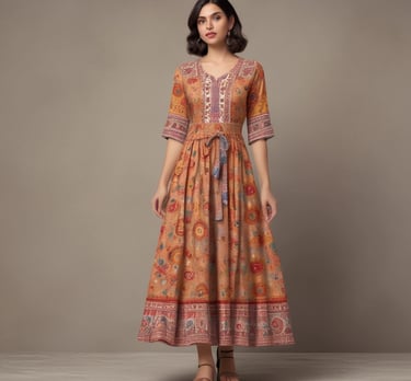 A person is wearing a traditional outfit that features a cream-colored kurta with floral patterns and intricate embroidered designs on the border. The ensemble includes matching pants and beige heeled sandals. The person is accessorizing with large earrings and has long, straight hair. In the background, there is a large white vase with green foliage.