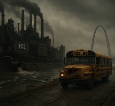 A dystopian view of St. Louis with polluted air and a school bus traveling past a giant ICL plant