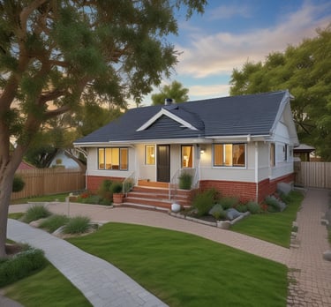 A multi-story house with intricate architectural details, featuring steep, pointed roofs and multiple windows. A large blue banner with white text 'For Sale Exclusivity' partially covers the front of the building. The structure is surrounded by lush green trees.