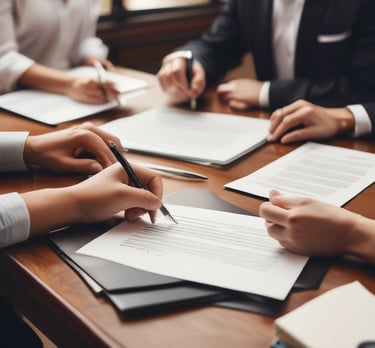 A yellow sign with bold black text in German promoting an agency located on a street. The background shows part of an urban setting with tables and chairs on a sidewalk.