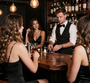 A cozy bar scene with a person reading a book titled 'What Your Bartender Won't Tell You' while sipping a cocktail.