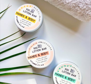 hand and body lotion bars made with organic cupuachu and shea butters and packed in plastic free reusable packaging 