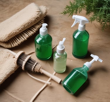 Three bottles of Earth Choice cleaning products are lined up on a wooden surface. The bottles have liquid inside and feature colorful labels with natural imagery like lemons and flowers. Each bottle is topped with a white cap, and the background is a solid teal color.
