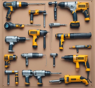 A wooden surface is scattered with various hand tools and hardware items. There is a hammer with a wooden handle, a black metal ruler, several screws, a cloth, pliers, drill bits, hex keys, and a utility knife with an orange and black casing.