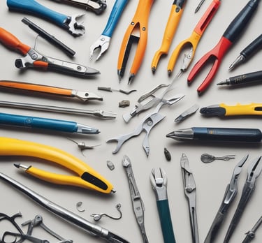 A collection of tools is arranged on a dark surface. An electric drill with the brand 'Hyper Tough' is visible alongside a claw hammer with a black handle. Three chisels of varying sizes, also branded 'Hyper Tough,' are aligned next to the hammer.