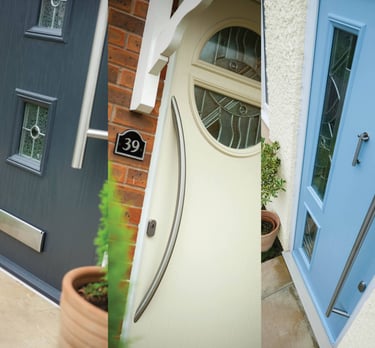 grey composite door with long handle, cream door with pattern glass, duck egg blue composite door