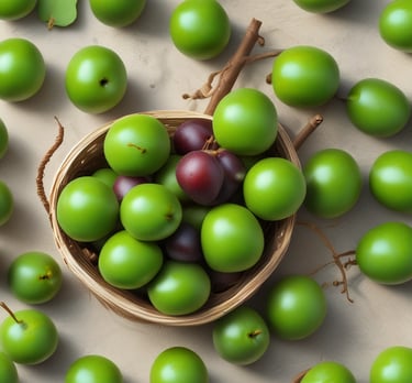 A close-up of ripe, golden peaches with soft fuzz on their skin, resting on a rustic table