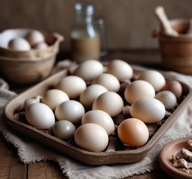 Close-up of colorful chicken eggs in a rustic basket