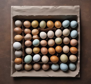 Assorted duck and turkey eggs displayed on wooden table