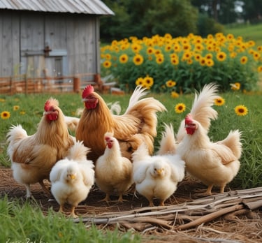 Farm chickens roaming freely in a green pasture