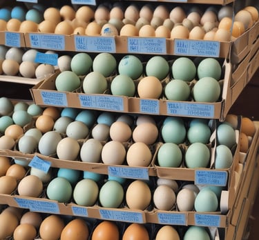 Close-up of colorful chicken eggs in a rustic basket
