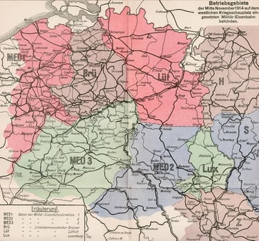 Map of the various Militär-Eisenbahndirektionen on the Western Front in November 1914. 