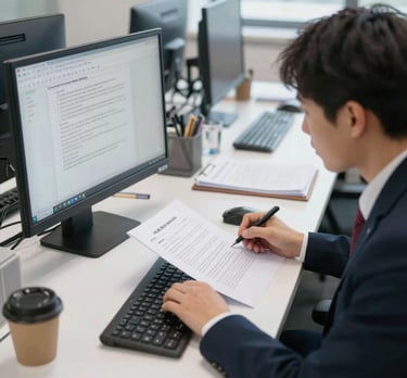 Close-up of hands reviewing detailed financial paperwork with a pen on a clean white surface.