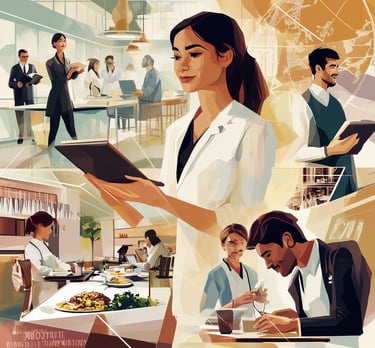 a woman in a white lab coat and a man in a suit