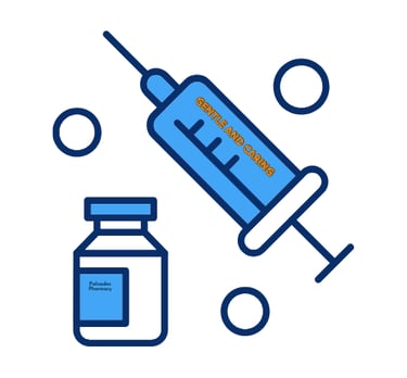 A blue syringe with needle and a vial with a blue top and label