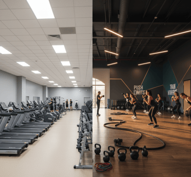 Split view showing generic gym floor versus boutique training zone in same facility