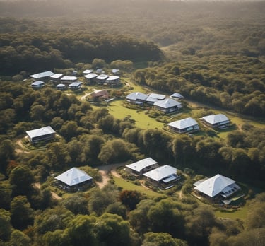 A cluster of small houses is nestled in a lush, green valley surrounded by dense forest. The landscape features rolling hills with abundant trees, creating a serene and secluded atmosphere. The buildings are rustic and blend harmoniously with the natural environment.