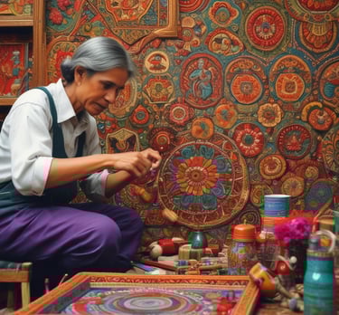 A rustic market stall showcases an array of traditional handicrafts, including decorative woven baskets and colorful textiles. The scene is set under a wooden canopy with stone pillars, and the ground is cobbled. Various handcrafted items are neatly arranged, featuring intricate patterns and vibrant colors.