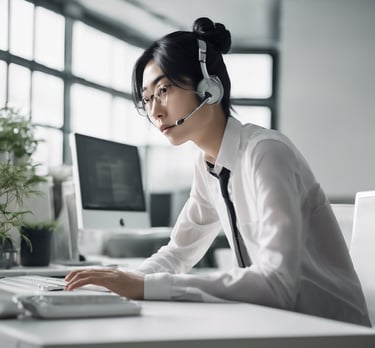 a woman in a white shirt and tie dyes a headset