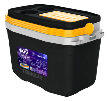 Black and yellow Termolar 20L insulated cooler box for camping and outdoor activities.