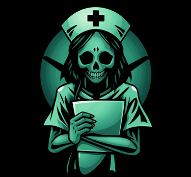 a skeleton in a hospital gown holding a tablet