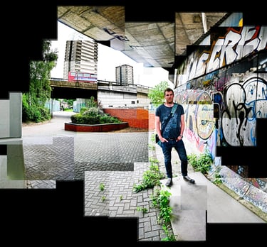 Joiner photo of a man standing next to a wall