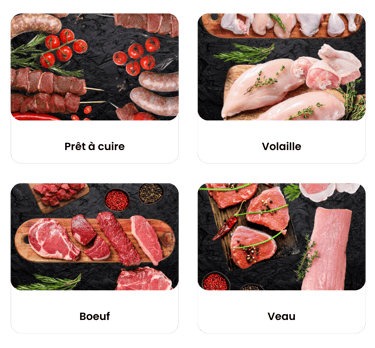 Catégories boucherie : prêt à cuire, volaille, bœuf et veau – sélection de viandes fraîches en vente