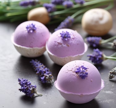 Two white bath bombs are placed on a white plate, accompanied by dried lavender sprigs. The setting is serene, with a soft focus on the lavender, highlighting its purple tones against the muted white of the bath bombs.