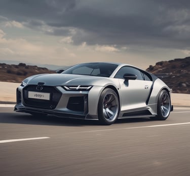 A modified sports car is showcased, featuring a sleek black and white exterior with custom detailing and branding. It is parked on a stone-paved area near other sports cars, with a building in the background adorned with automotive posters. A palm tree is visible beside the structure.