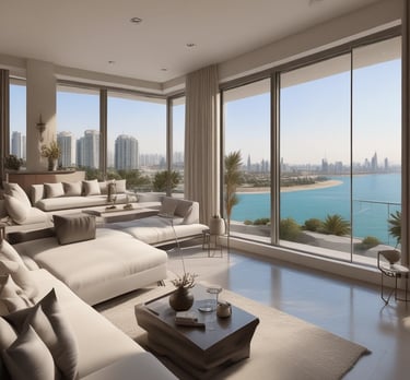 Luxurious residential buildings surrounded by lush greenery with a view of a tranquil bay and distant cityscape under a cloudy sky. Mountains are visible in the background, enhancing the scenic beauty of the area.